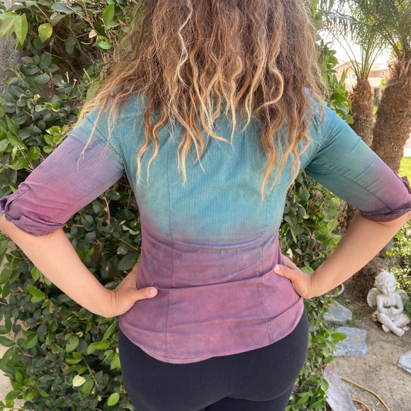 ReDyed Button Down Work Shirt With Green to Purple Ombre - Picture 3 of 4